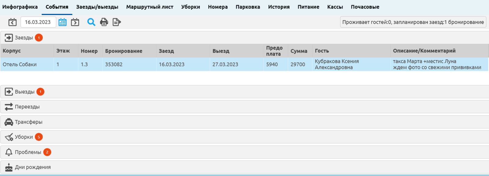 PMS CLOFFHotel: уведомления о событиях в системе