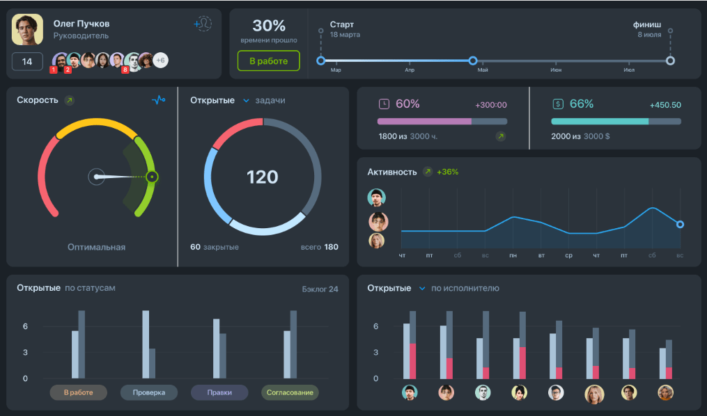 Панель дашбордов в CRM Worksection