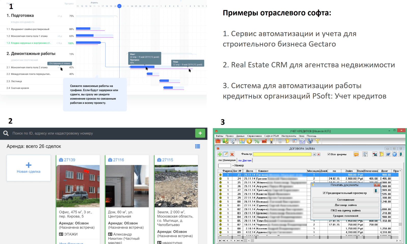 Gectaro, Real Estate CRM PSoft как примеры отраслевого софта