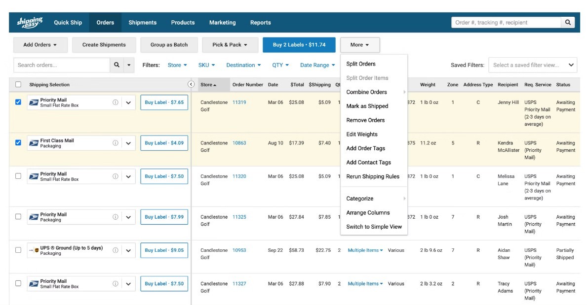ShippingEasy: предлагает печать этикеток и индивидуальные упаковки