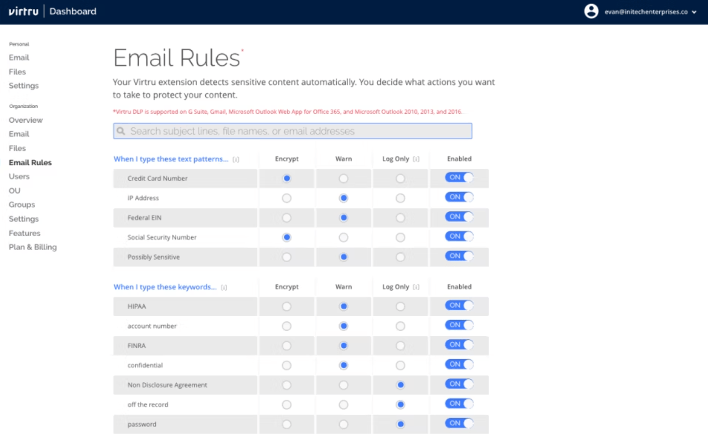 Настройка правил и политик в Virtru