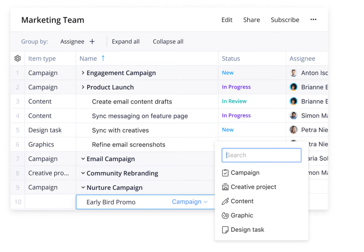 Назначение задач в Wrike